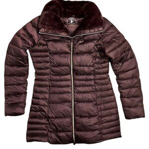 Save The Duck Caroline Womens L Burgundy Puffer Coat Faux Fur Long Iris Full Zip